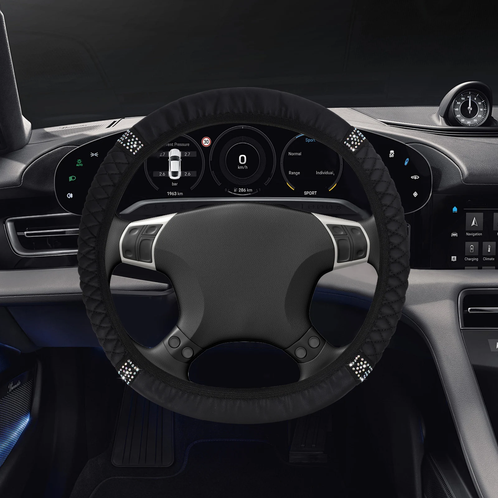 

2Pcs Steering Wheel Cover Rhinestone Bling Car Interior Accessory Universal Fit PU Material Non-Slip Easy Install Comfort Grip