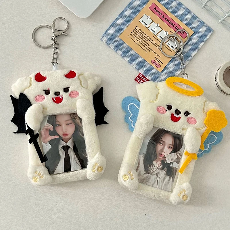 Angel Devil Puppy 3 Inch Kpop Photocard Holder Kawaii Plush ID Card Photo Display Holder Bag Korean School Stationery