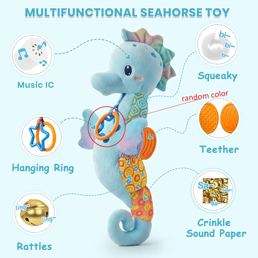 Jouets en peluche pour bébé de 0 à 6 mois, hippocampe musicale, Animal en peluche avec hochet, jouet doux pour nouveau-né de 0 6 9 12 mois