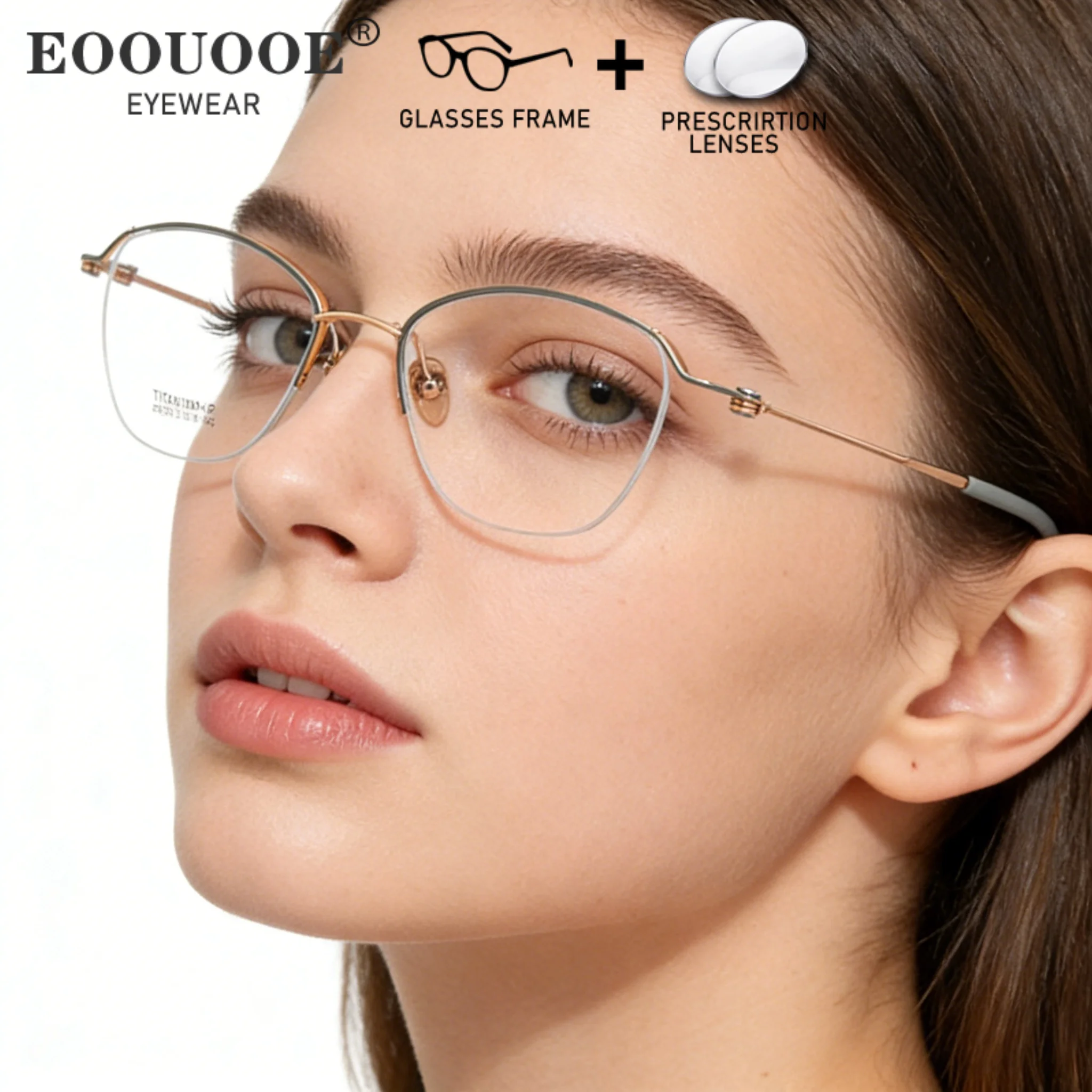 女性純チタンメガネハーフフレームデザイン処方レンズ進行性近視読書遠視アンチスクラッチ眼鏡