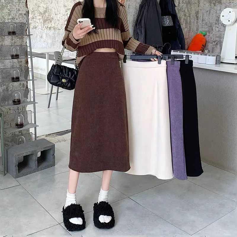 

Lucyever Thicken Fleece Corduroy Skirts Female Fall Winter Warm Back Split Long Skirt Women Retro High-Waisted Midi Skirts Lady