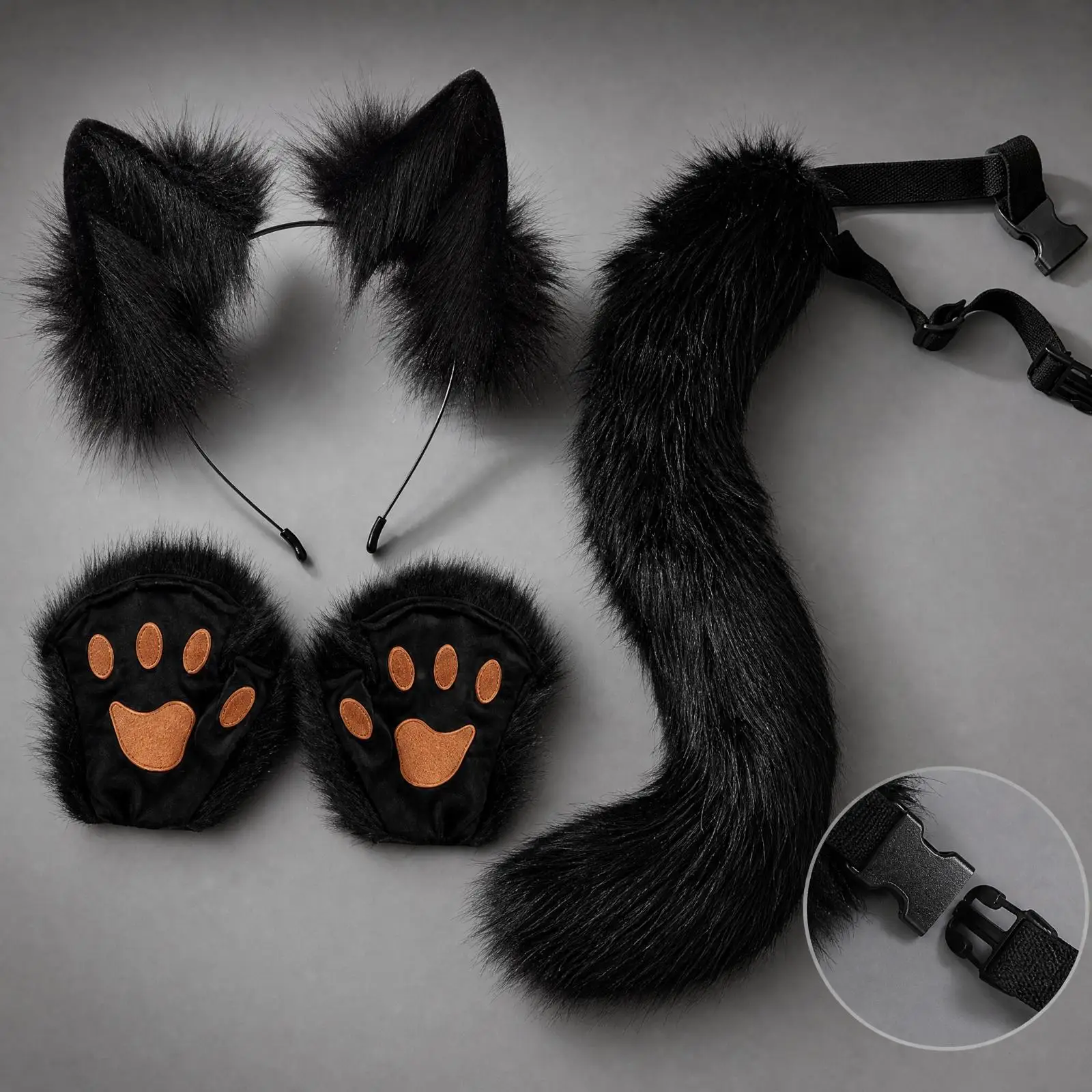 Faux Hair Animal Headband with Tail and Paw Gloves Costume Set for Halloween Cosplay Stage Show Party Plush Accessory