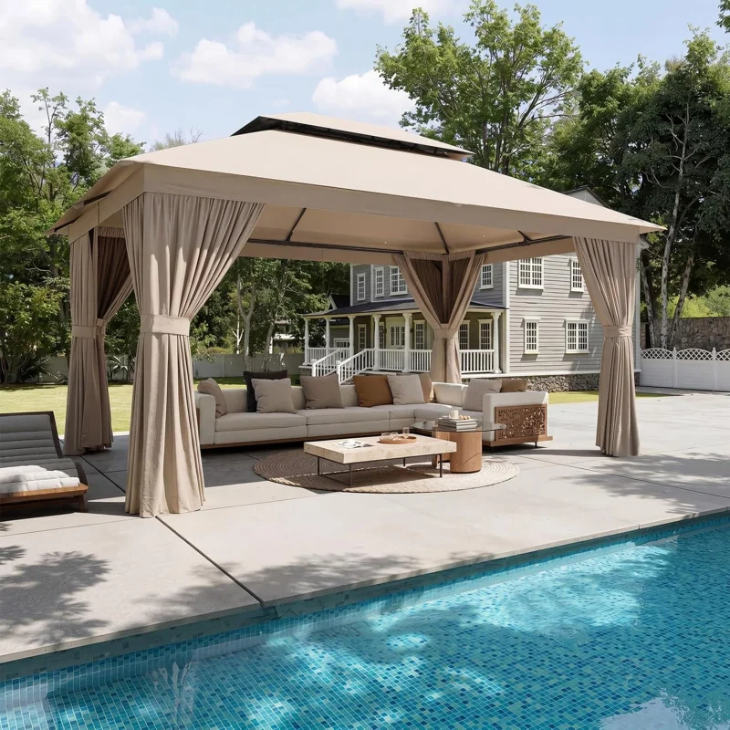 

10x12Ft Outdoor Gazebo, Metal Frame Double Roof Canopy, Heavy Duty Party Tent/ Mosquito Netting & Privacy Screen, Khaki Ba