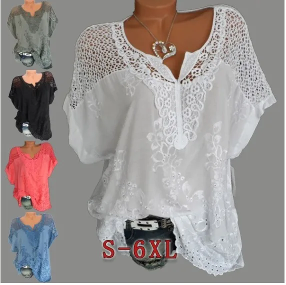 

New Summer Short Sleeve Womens Blouses and Tops Loose White Lace Patchwork Shirt 4xl 5xl 6xl Women Tops Casual Clothes 2023