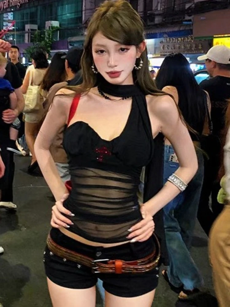 

2025 Summer Streetwear Sexy Gauze Pleated Tanks Vintage Harajuku Halter Bandage Camisole Y2k Aesthetic Cropped Bodycon Tank Top