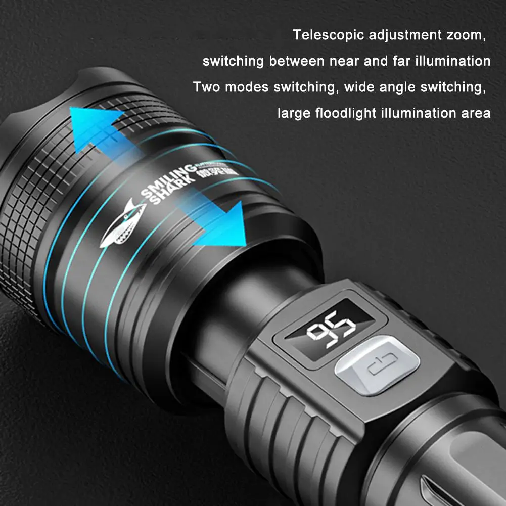 Powerful LED Flashlight Battery Display USB Rechargeable Light Telescopic Zoom Torch Lamp Outdoor Camping Fishing Lantern