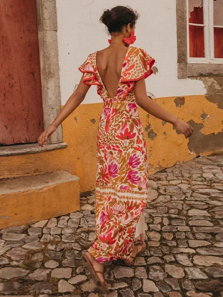 BWQ Sexy Flying Sleeves Print Dress Women Elegant Loose V Neck Split Dresses 2026 Spring Summer Chic Female High Street Vestidos