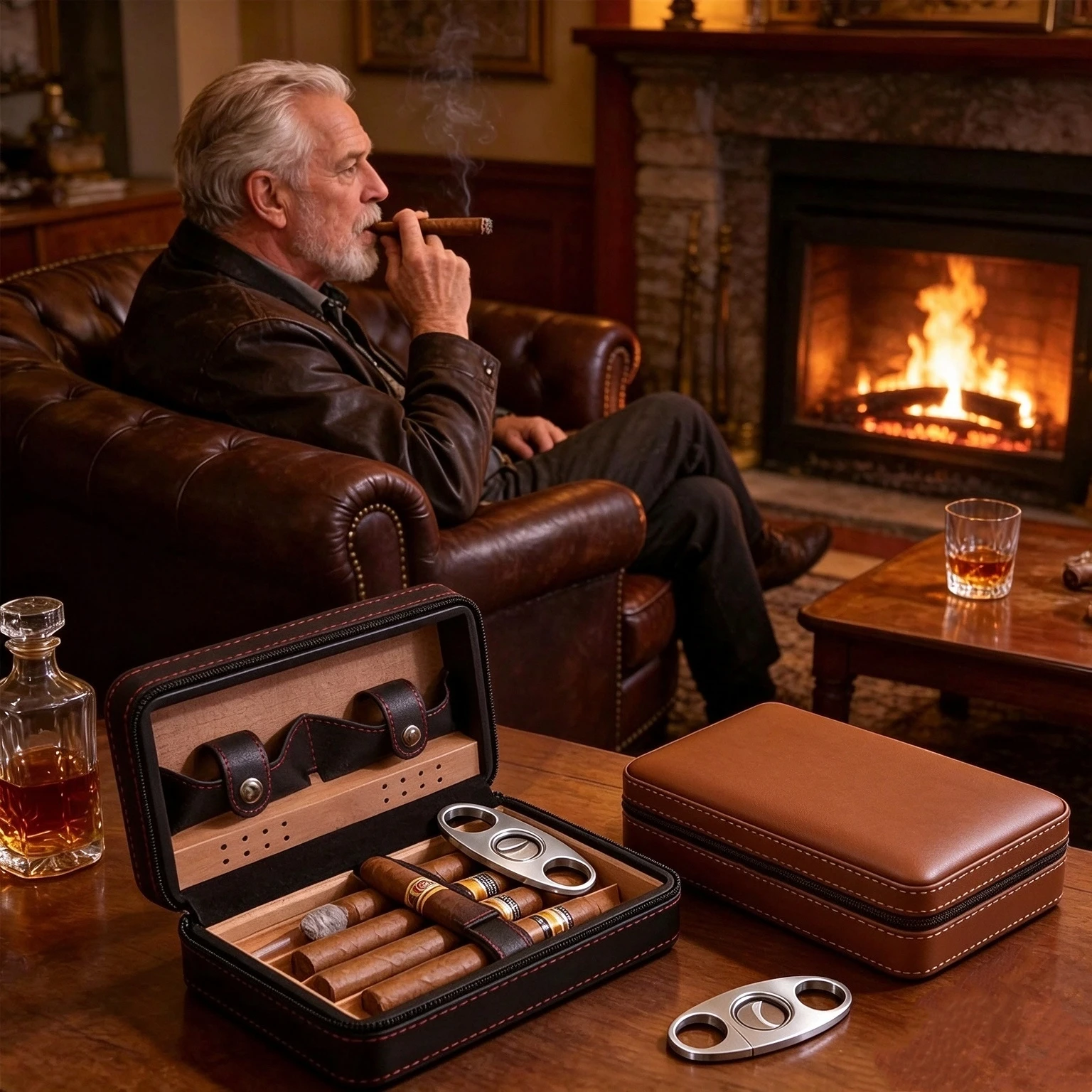 Portable Cigar Humidor for 4 Cigars Leather Cigar Case with Cedar Lining & Cutter Slot Travel Cigar Holder Perfect Gift for Men