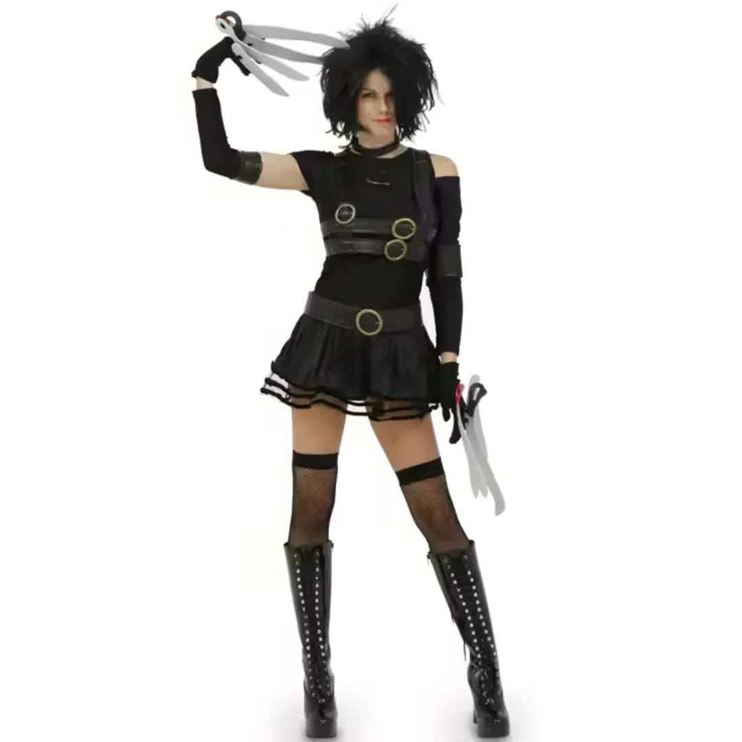 

Gothic Punk Halloween Costume Set - Black Mini Dress with Rings and Black Gloves For role Play