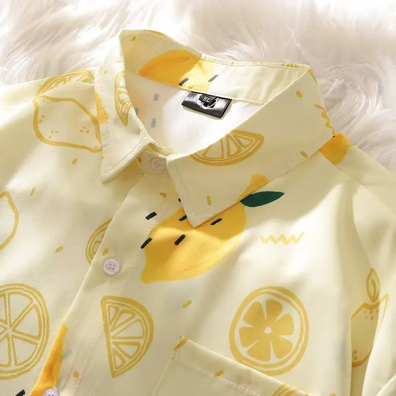Beach Half Sleeve Shirt Men Summer New Japanese Retro Casual Loose Lemon Print Lapel Coats Popular Versatile Women Thin Tops