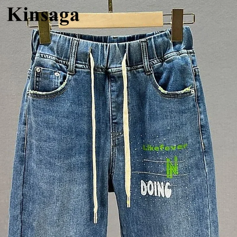 90s cintura elástica amarrada ruched hallen jeans feminino americano rua carta impressão revers lago demin calças cor bloqueando vaqueros