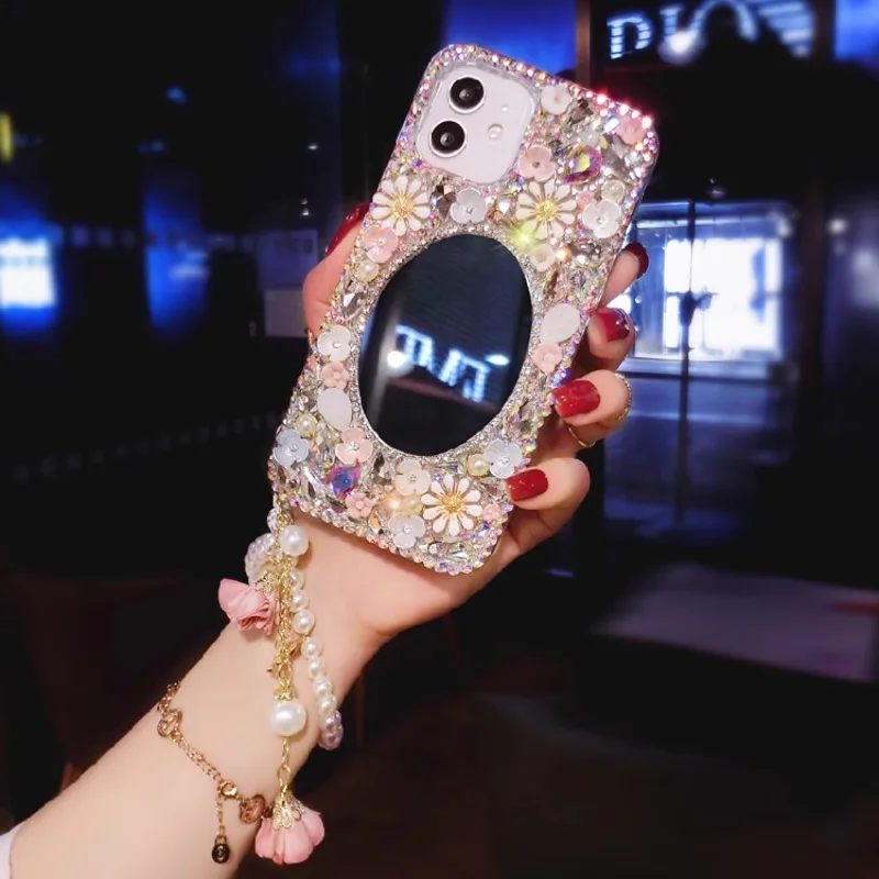 

Luxury Bling Rhinestone Mirror Color Flower Case Capa For Samsung GalaxyA22 A52 A71 A51 A72 A73 A53 A33 A55 A54 A34 Phone Cover