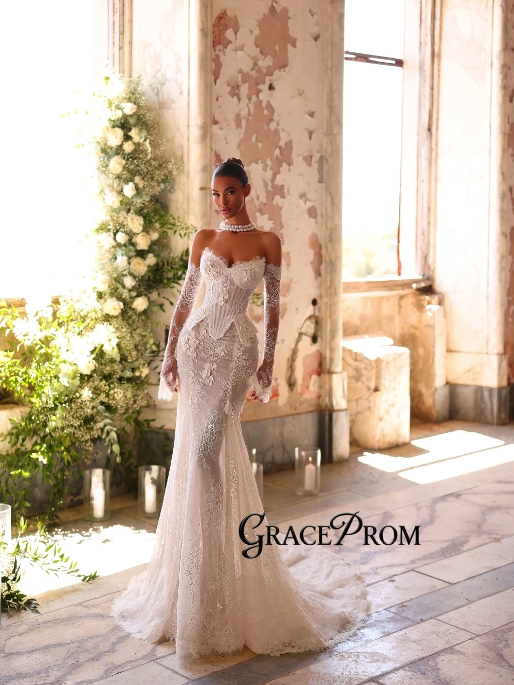 Suknia ślubna w stylu syreny z bajkową koronką 3D, elegancki gorset, odkryte ramiona, dekolt w serek, urocza, romantyczna suknia ślubna szyta na miarę.