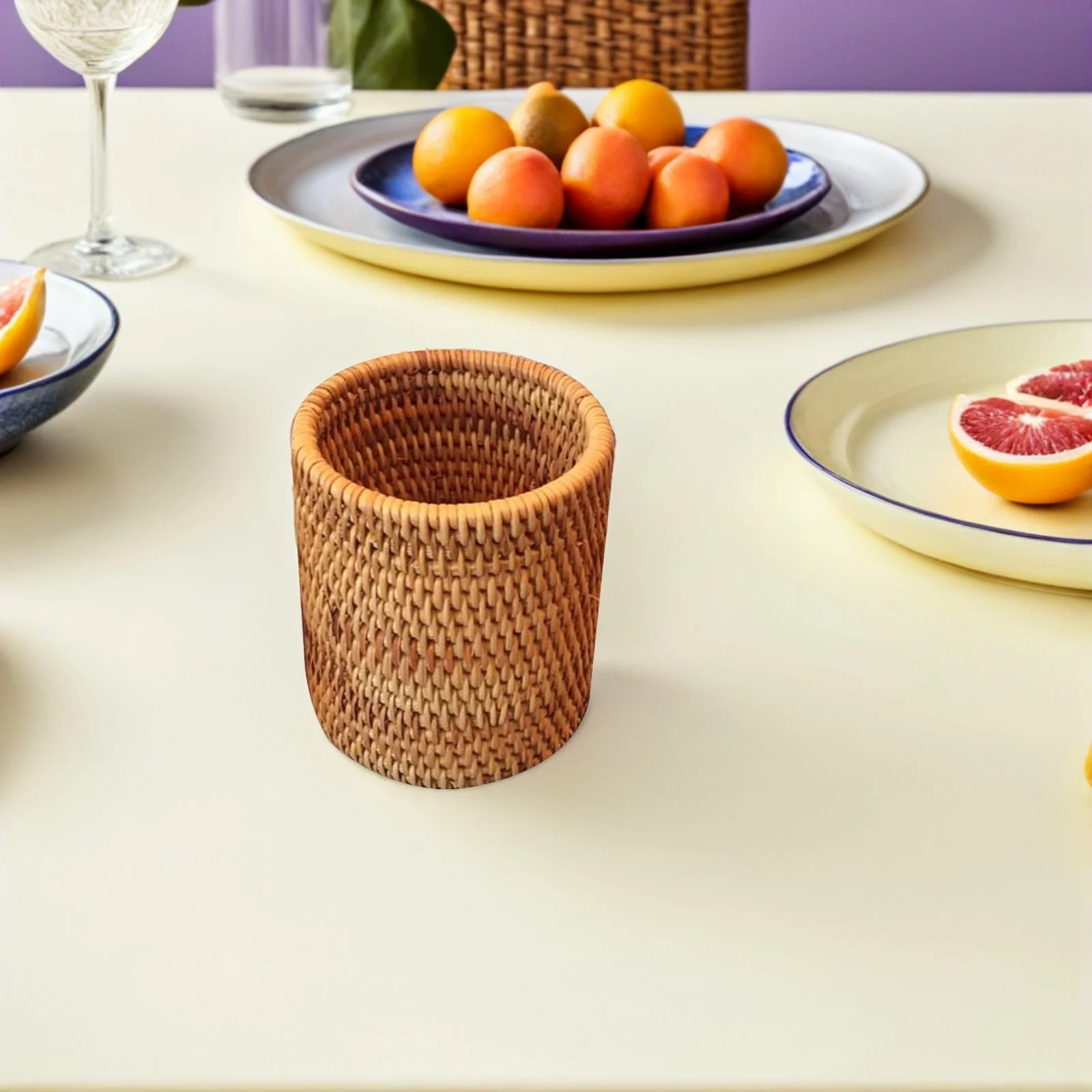 

1Pcs Rattan Woven Tea Set Basket Fine Texture Cylindrical Shape Storage Organizer Multi-Functional Pen Holder Elegant Design