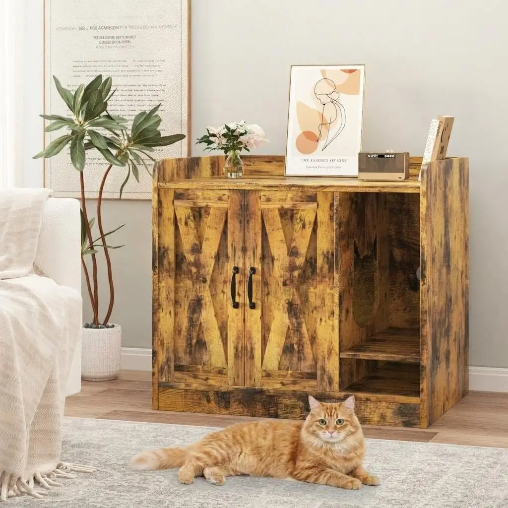 Double Cat Litter Box Enclosure Furniture - Modern Wooden Hidden Cat Washroom Cabinet with Divider, Mark Mat, Indoor Storage Bench & Side End Table, 33.07'L X 23.62'W X 23.92'H
