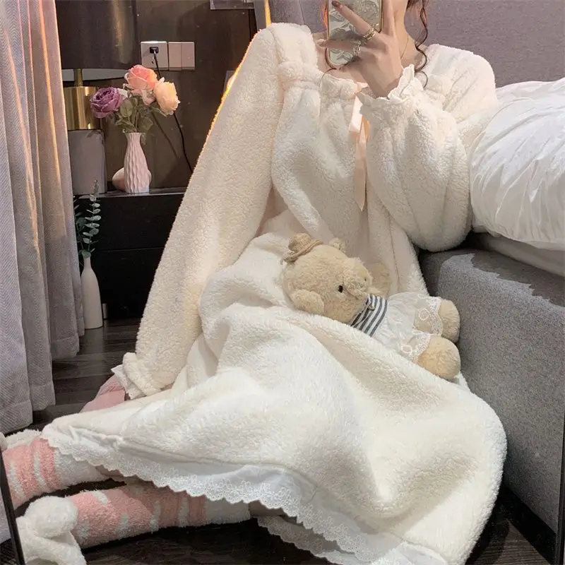 Fleece Women Nightgown Korean Lace Sleepwear Bow Winter Night Dress Knee Length One Piece Pajamas Solid Warm Home Wear 2024 New