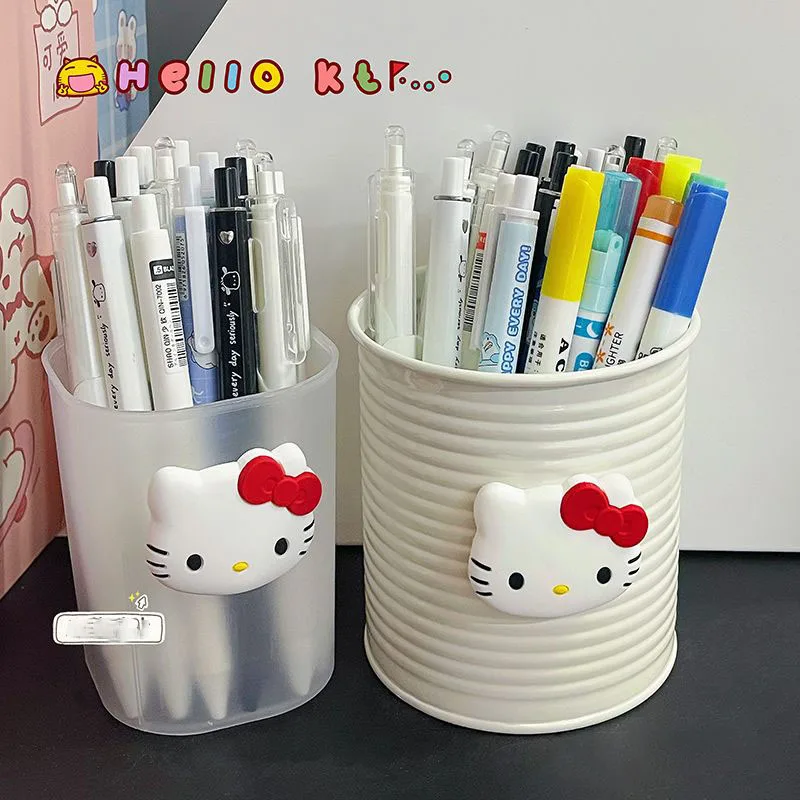 2Pcs Kawaii Sanrio Anime Round Storage Pen Holder Cute Hello Kitty Cartoon 3D Smt Light Luxury Large Capacity Storage Gift Girls