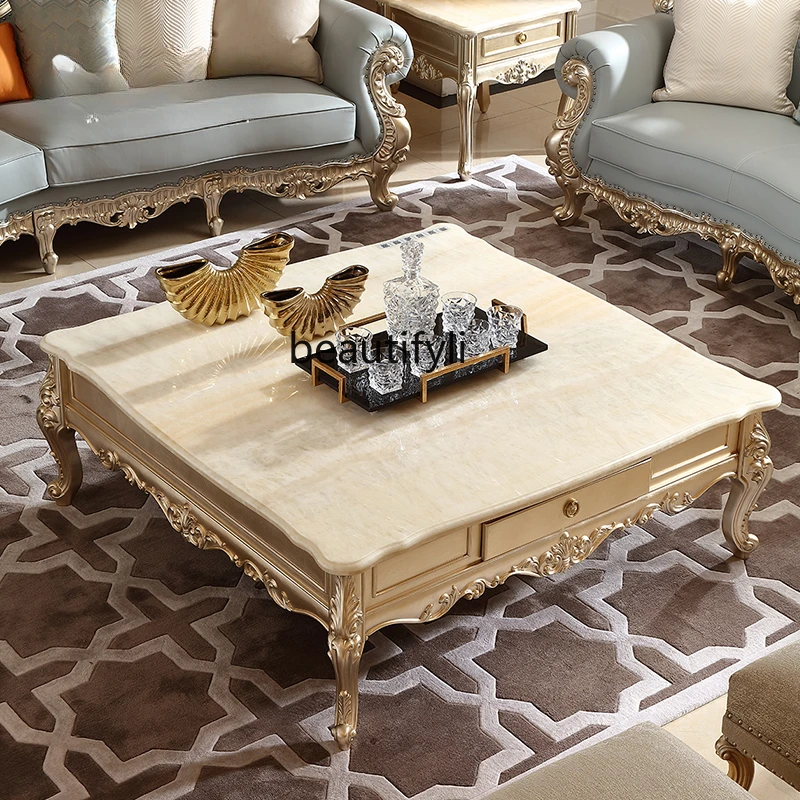 

French-Style Solid Wood Marble Color Shell Mosaic with Square Long Tea Table European-Style Carved Storage Side Table