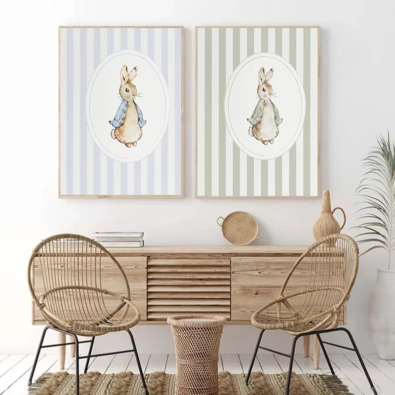 Nordic Cute Bunny Pushing Flower Cart Reading Poster Print Denim Bunny Hot Air Balloon Floral Glasses Canvas Art Home Room Decor
