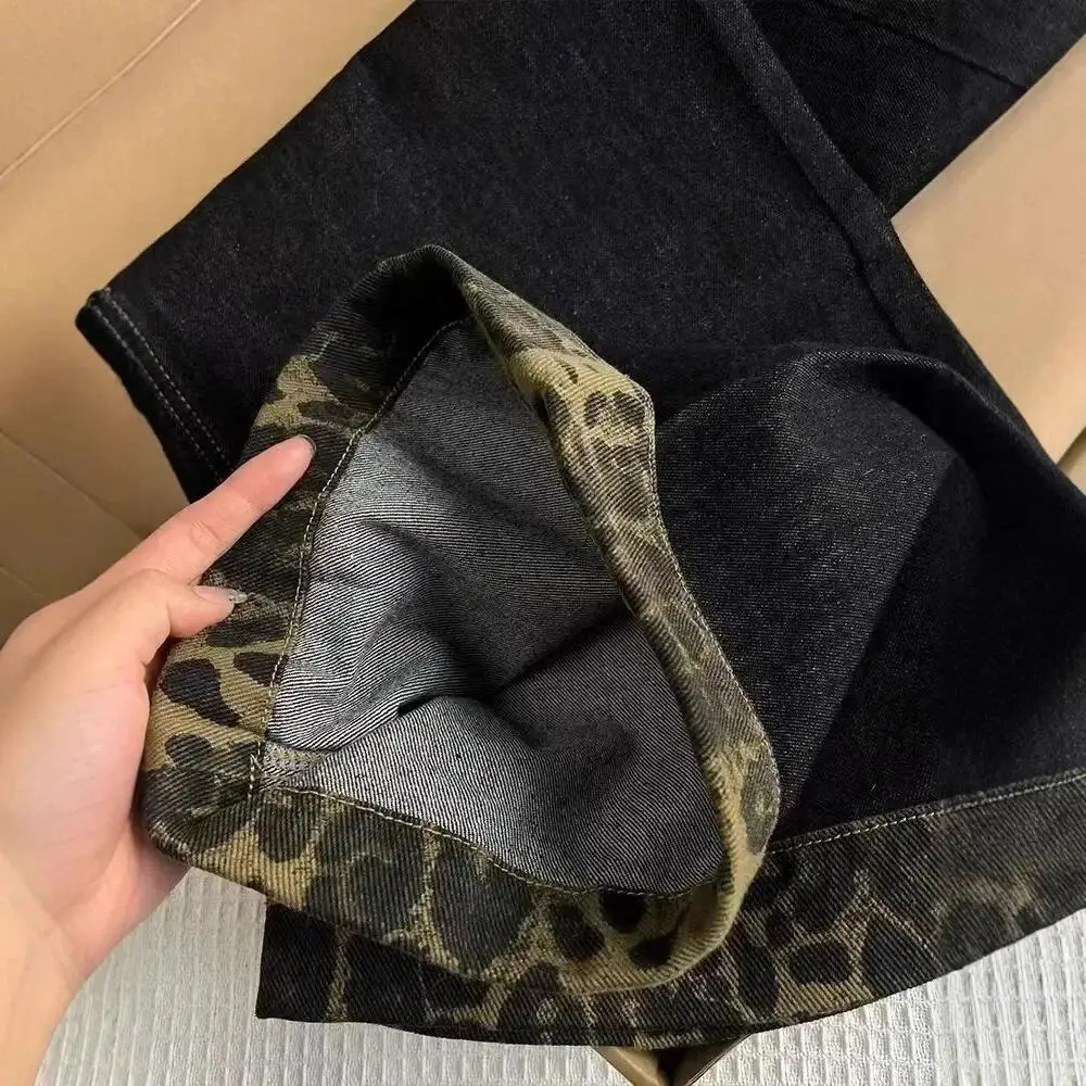 Jeans a gamba larga da donna a vita alta pantaloni larghi retrò con stampa leopardata scura pantaloni lunghi dritti a blocchi di colore primavera alla moda