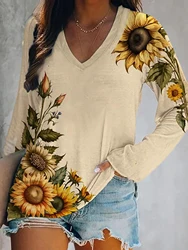 Plus Size Sunflower Print T-Shirt, Spring and Autumn Casual Long Sleeve V-Neck Top, Women's Plus Size Clothing