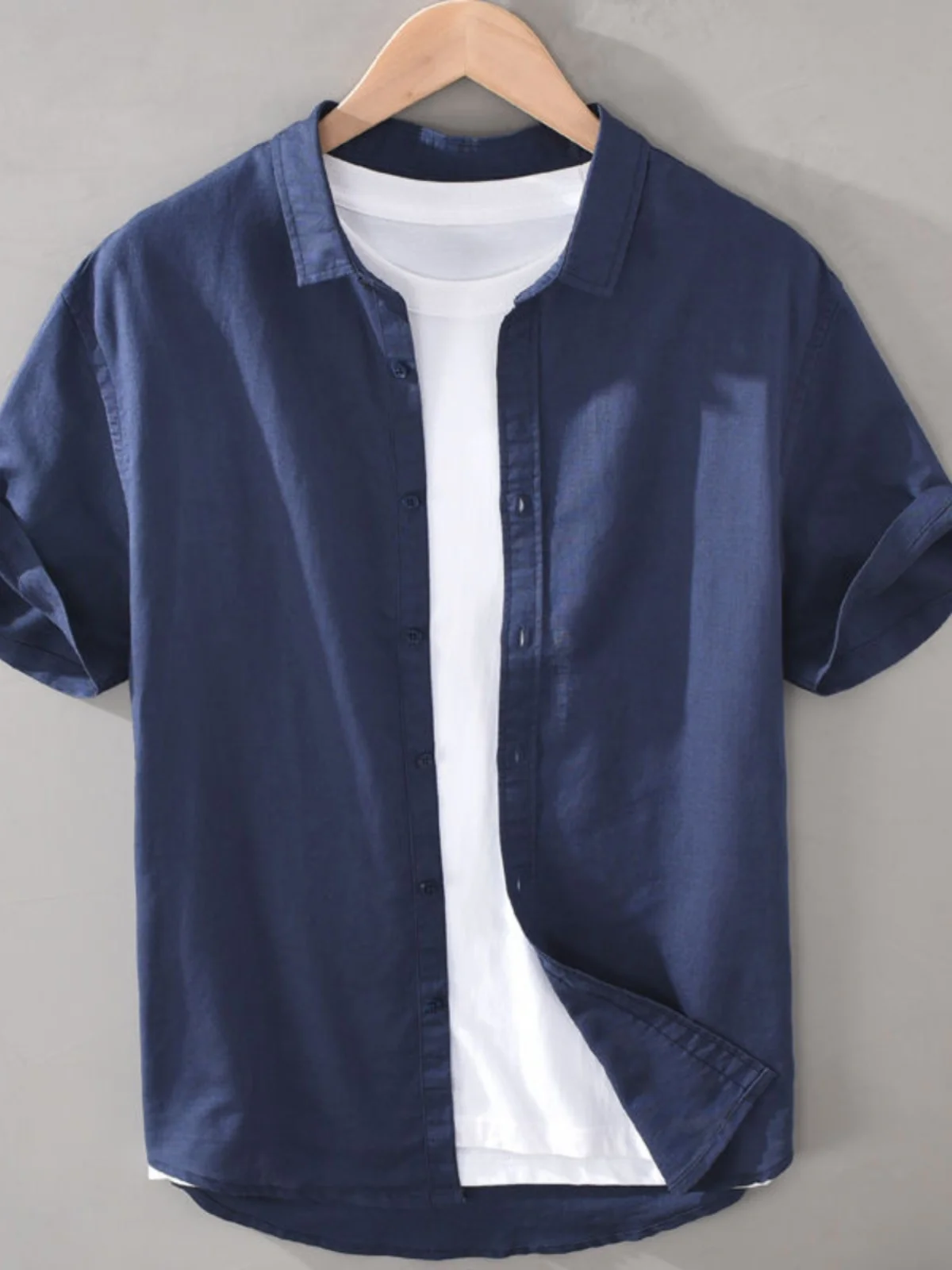 カジュアルコットンリネン半袖シャツ-メンズサマーファッション-高品質生地-ネックピン-多用途でおしゃれな選択肢-若者向け
