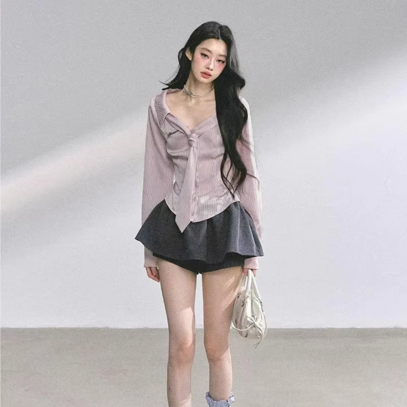 Kemeja Bergaris Merah Muda Deeptown Blus Renda Lengan Panjang Manis Elegan Wanita Mode Korea Kasual Preppy yang Menarik Perhatian