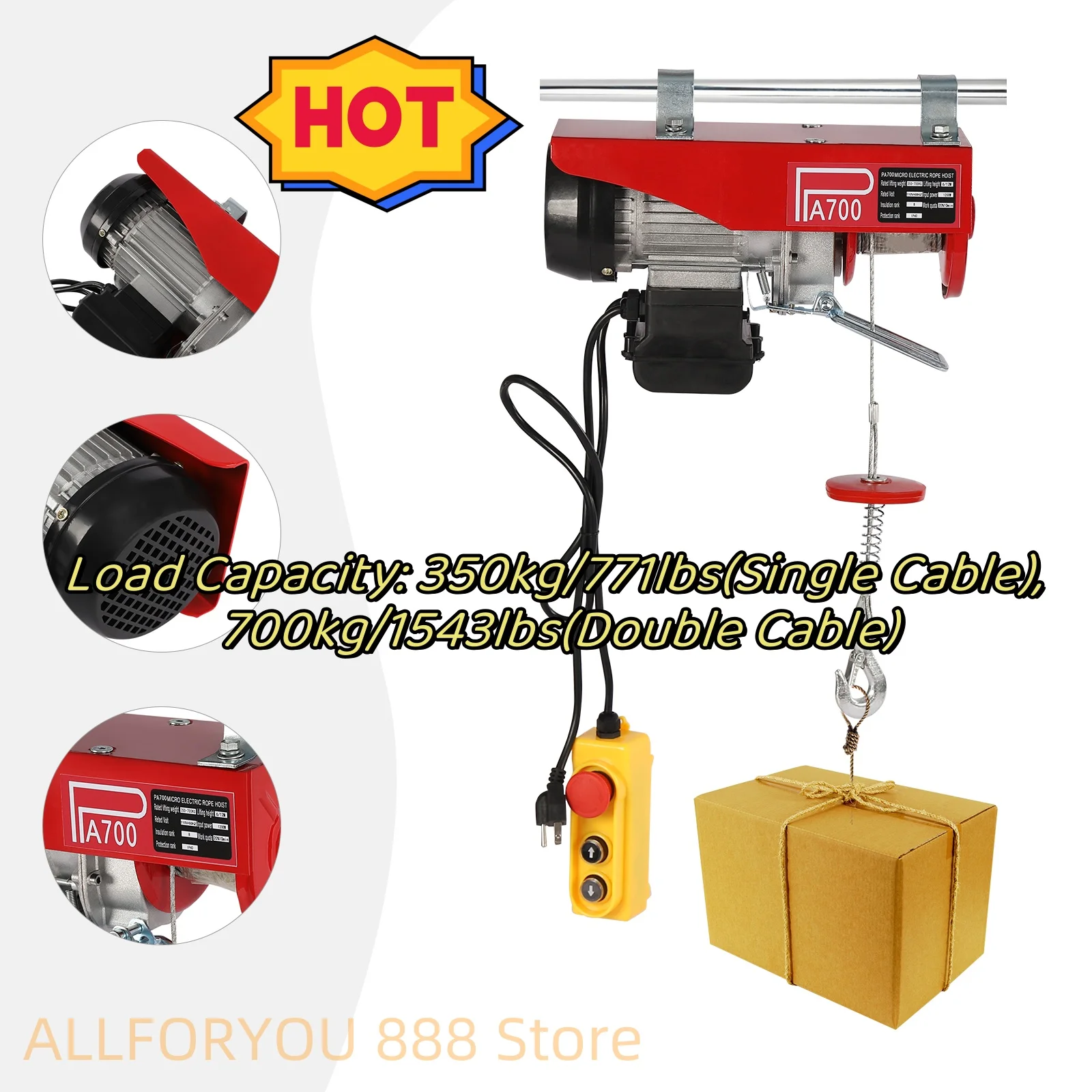 110V 1543LBS Electric Hoist Lift Mini Electric Winch Crane Remote With Lifting Height 6 m/20 ft(Double Cable)