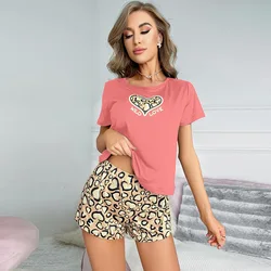 2024 New Pajamas Set Summer Women's Leopard Print Love Top Shorts Sexy Two-piece Set Cross-border Home Wear