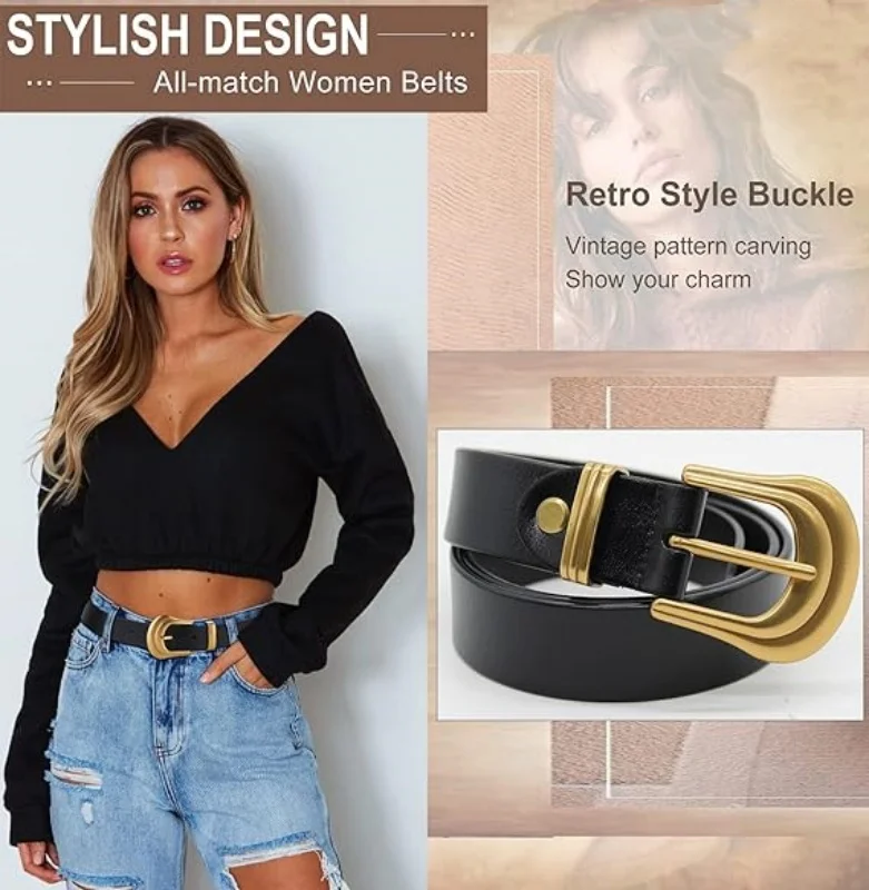 Fashion Western Women\'s Belt Vintage Black Genuine Leather Waist Belt for Pants Jeans with Gold Buckle