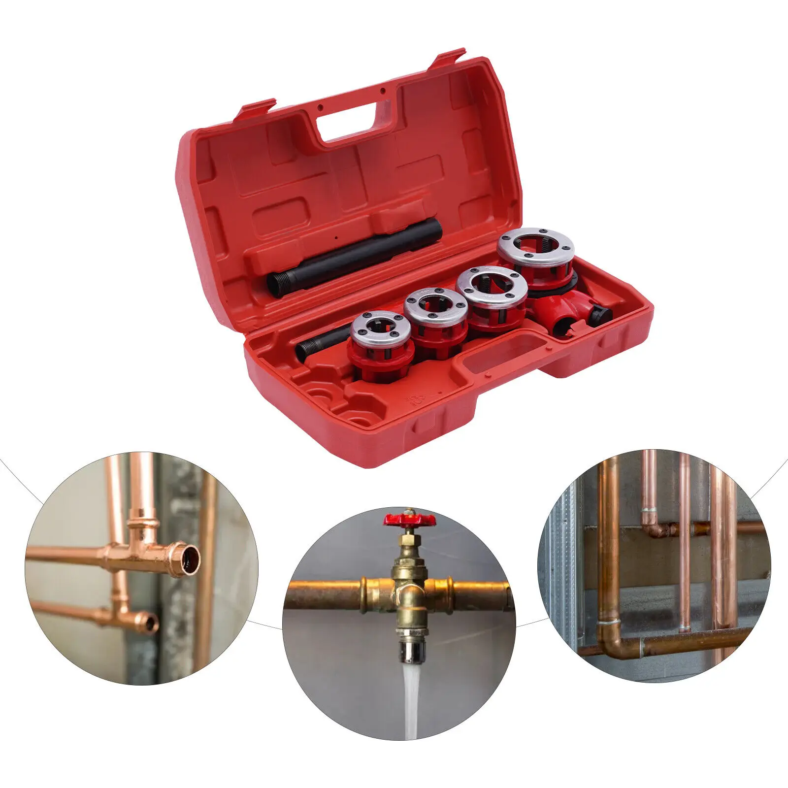 

Pipe Threading Kit Pipe Threader 1/2"/15mm,3/4"/20mm,1"/25mm,1-1/4"/32mm BSPT Plumber Set Die Dies Set Red
