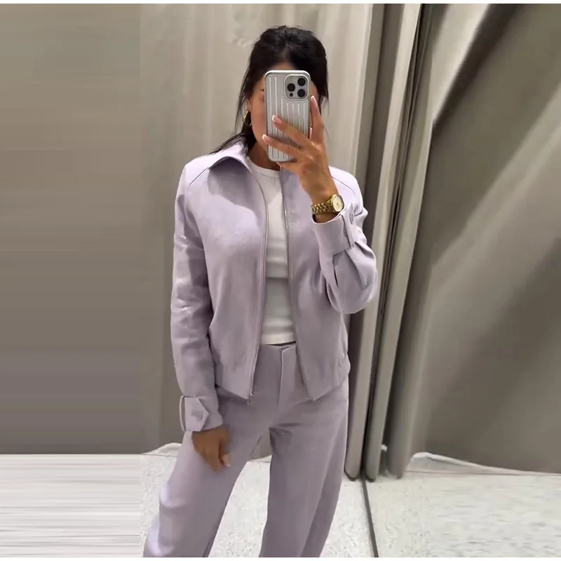Damen-Hosenanzüge mit Rollkragen-Langarmjacken, Reißverschluss-Mänteln, Midi-Ballonhosen, Herbst-Outfits für Frauen, Einfarbig und Locker Geschnitten, Neu – Detail 9
