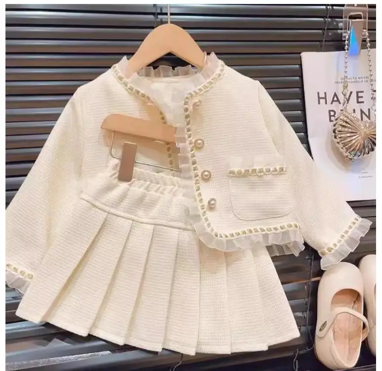 Gauze patchwork jacket pleated skirt two-piece set