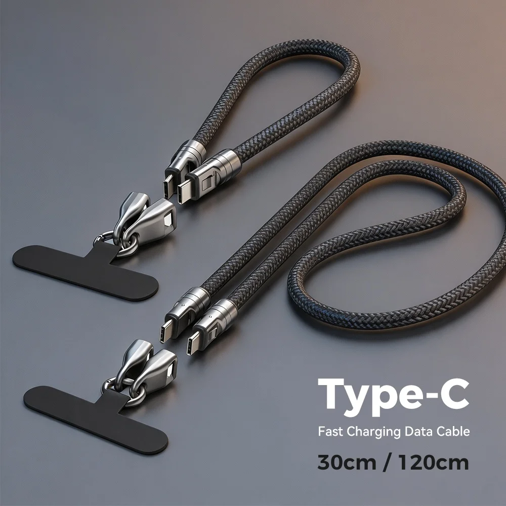 PD240W USB C to C Super Fast Charge Data Cable Zinc Alloy Head Lanyard 2 in 1 Phone Lanyard Charge Cable For IPhone 30cm 120cm