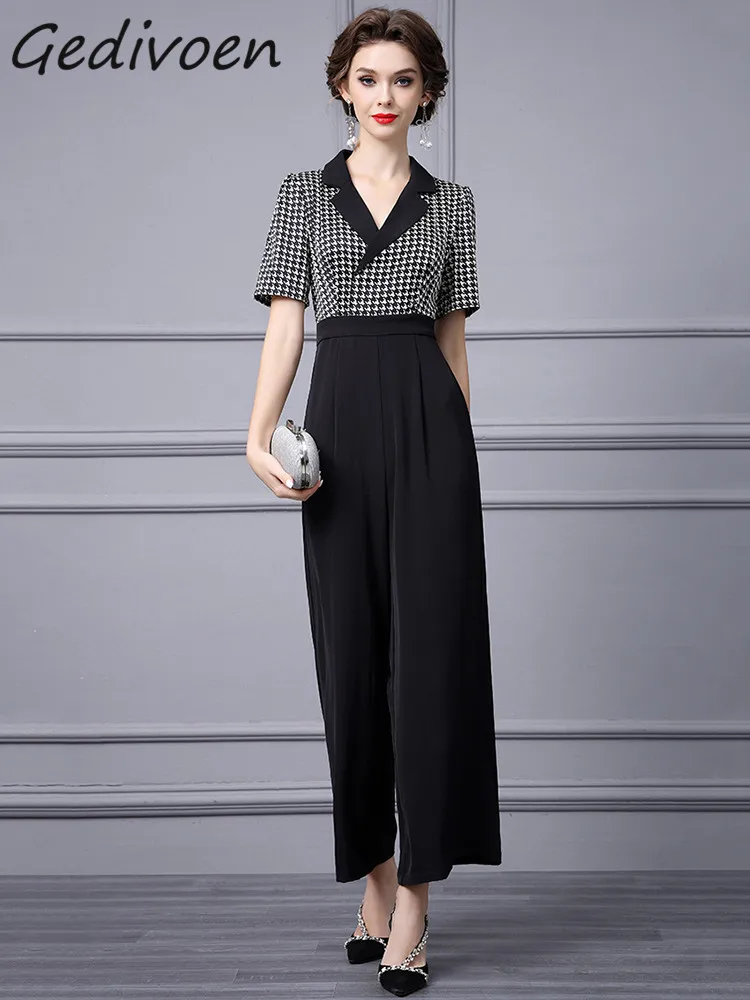 Gedivoen Summer Fashion Designer Vintage Casual Jumpsuit Set Women's Lapel Short Sleeve Plaid Print Top+ Wide Leg Long Pants Set