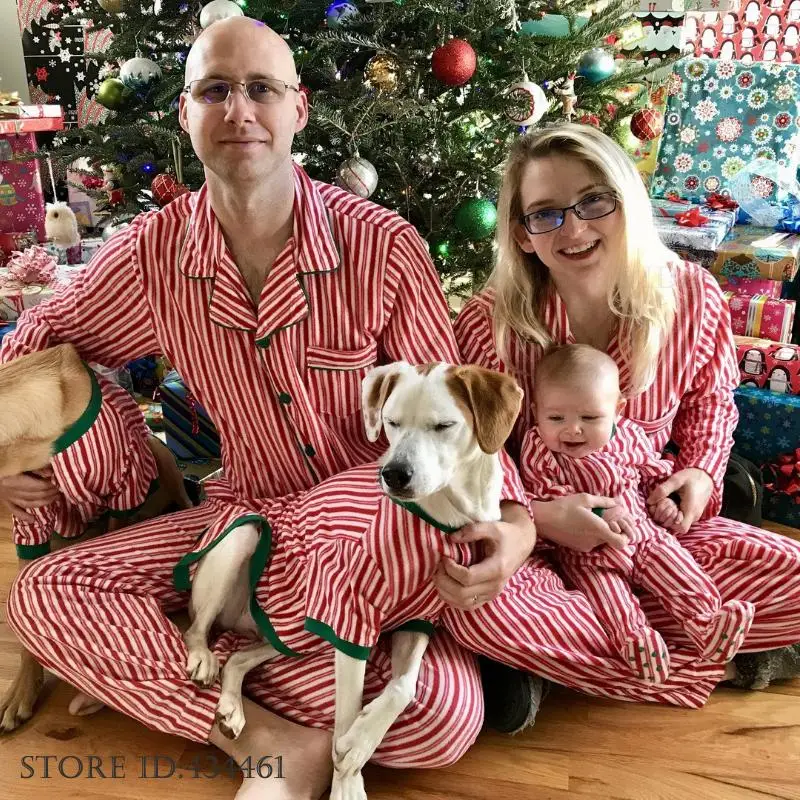 Family Christmas Parent Child Set Pajamas Outfit Loose Casual Long Sleeve Trouser Loungewear Stripe Sleepwear Christmas Homewear