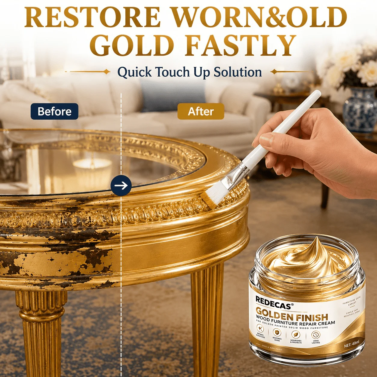 Gold Touch-up Paste: re-gilds carvings, old furniture, frames, figurines, plaster, resin, ceramics. No gold leaf. Metal & wood.