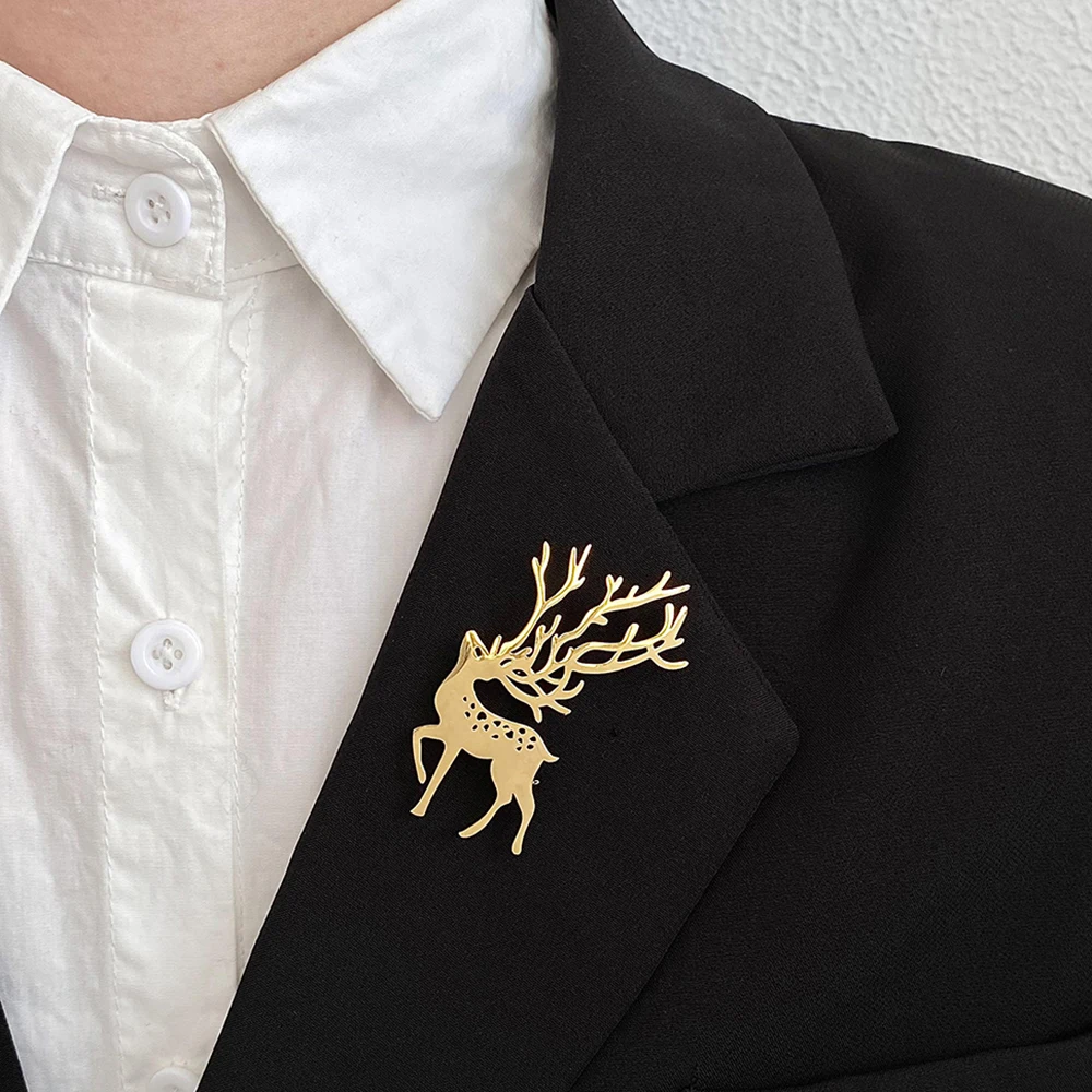 Stainless Steel Elk Deer Pins Brooch For Women Men Christmas Horned David\'s Deer Badge For Lapel Collar Hat Bag Pin Gift