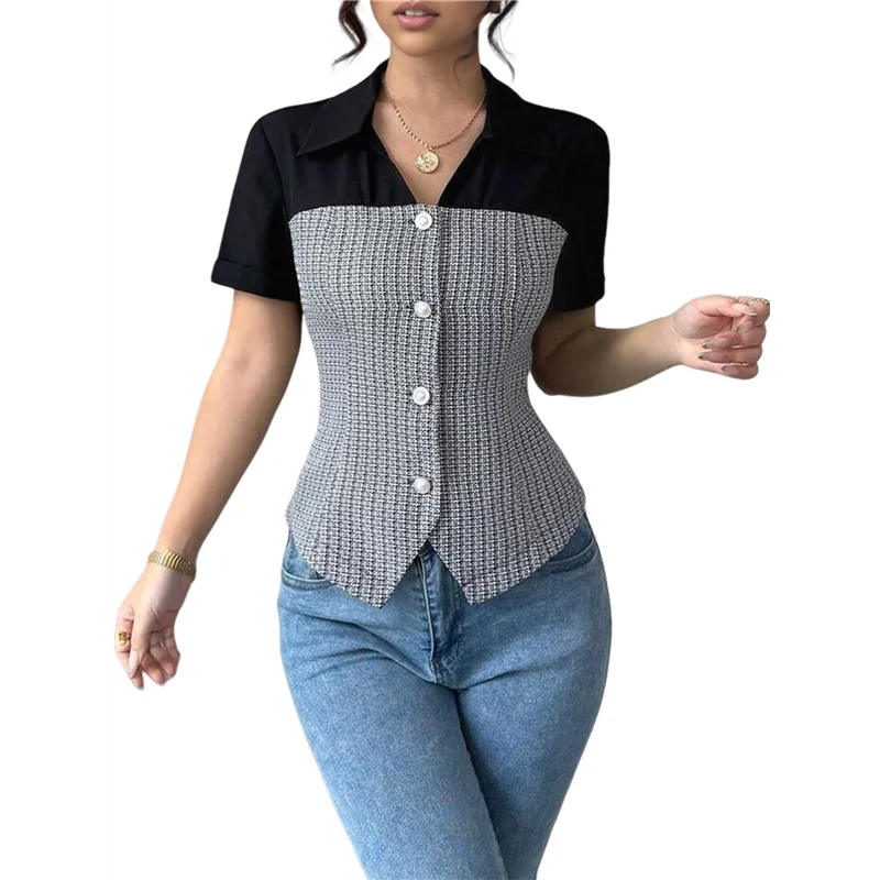 

FX-Женская плиссированная рубашка на пуговицах с v-образным вырезом и короткими рукавами, укороченная рабочая рубашка