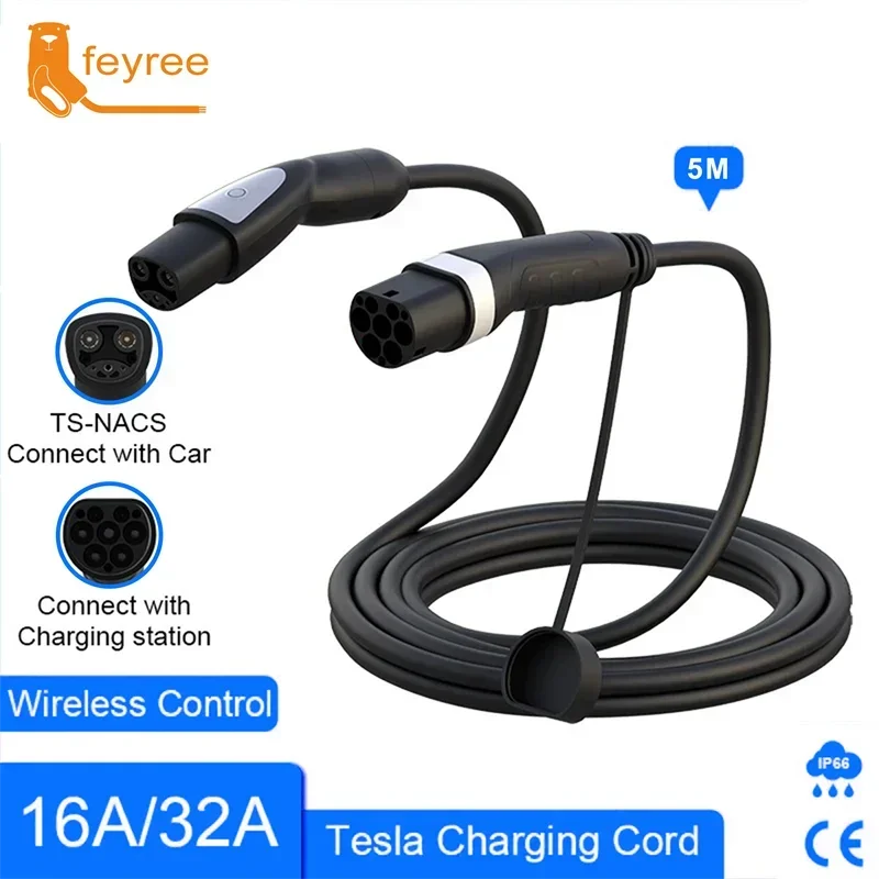 feyree 16A 3.5KW 32A 7KW 1Phase Type2 to Tesla NACS Socket EV Charger Cable for Tesla Model 3 Y X S for Public Charging Station