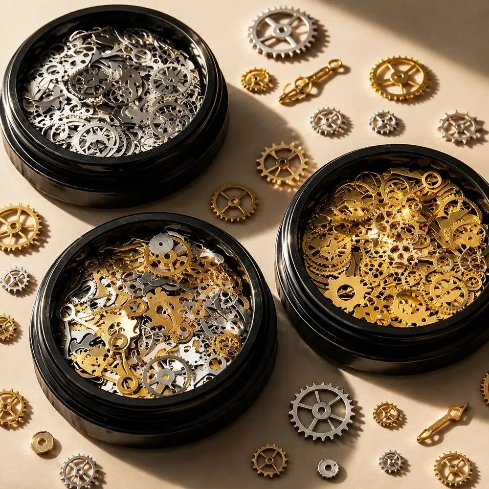 120Pcs Retro Metal Nail Charms Steampunk Gold Silver Gears Cogs Clock Watch Hands Screws Rivet 3D Nail Studs DIY Nails Decor