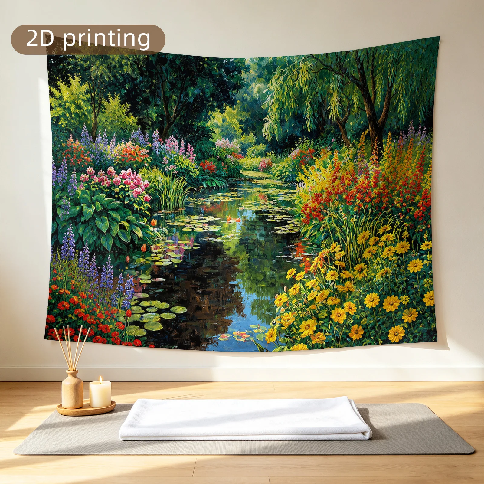Lush Botanical Garden Tapestry Wall Hanging Nature Landscape Floral Stream Decor Printable Wall Art Poster for Home Living Room