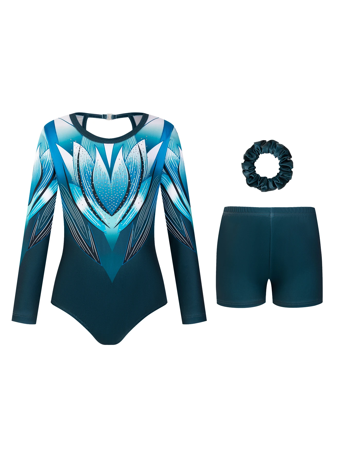Sweet and Luxurious Style Rhinestone Floral Print Gymnastics Outfit 3-Piece Set (Leotard + Shorts + Hair Tie) Girls' Gymnastics Practice Outfit with Round Neck and Back Cutout Design, High Elasticity Long-Sleeve Gymnastics Outfit, Sports-Specific Clothing