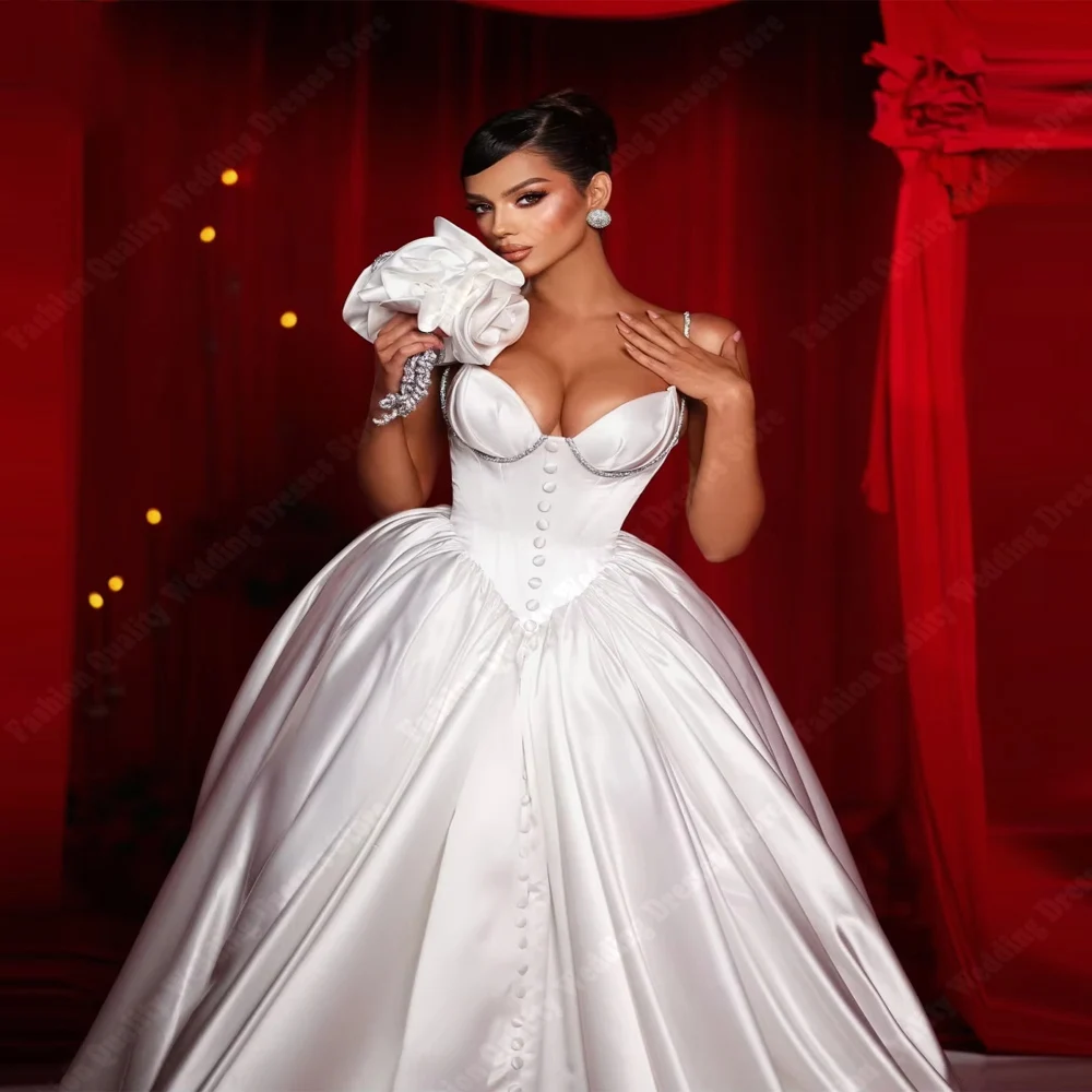 Suknie ślubne damskie z dekoltem w serduszko, błyszczące satynowe suknie księżniczki dla panny młodej, długie do ziemi, balowe, damskie Vestidos De Noche, szyte na miarę.