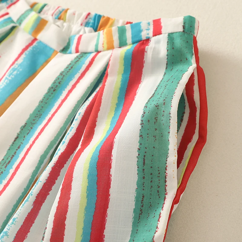 ハイウエストワイドレッグパンツ女性夏ボヘミアン長ズボンカラフルなストライプ痩身怠惰なスタイルビーチパンツ綿ブレンド