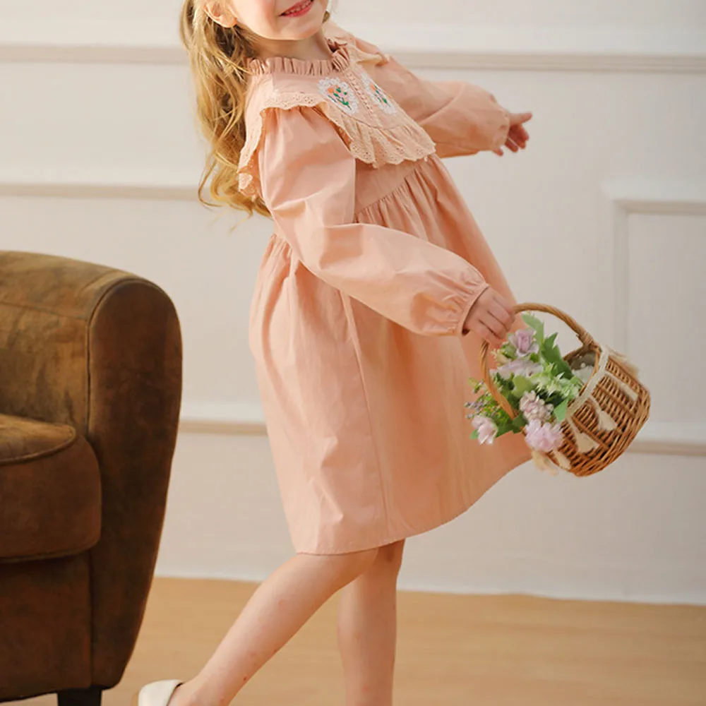 Baby Girl Dress Vintage Floral Embroidery Stand-Up Collar Autumn Clothing For Children Princess Dress Loose Kids Casual Dress