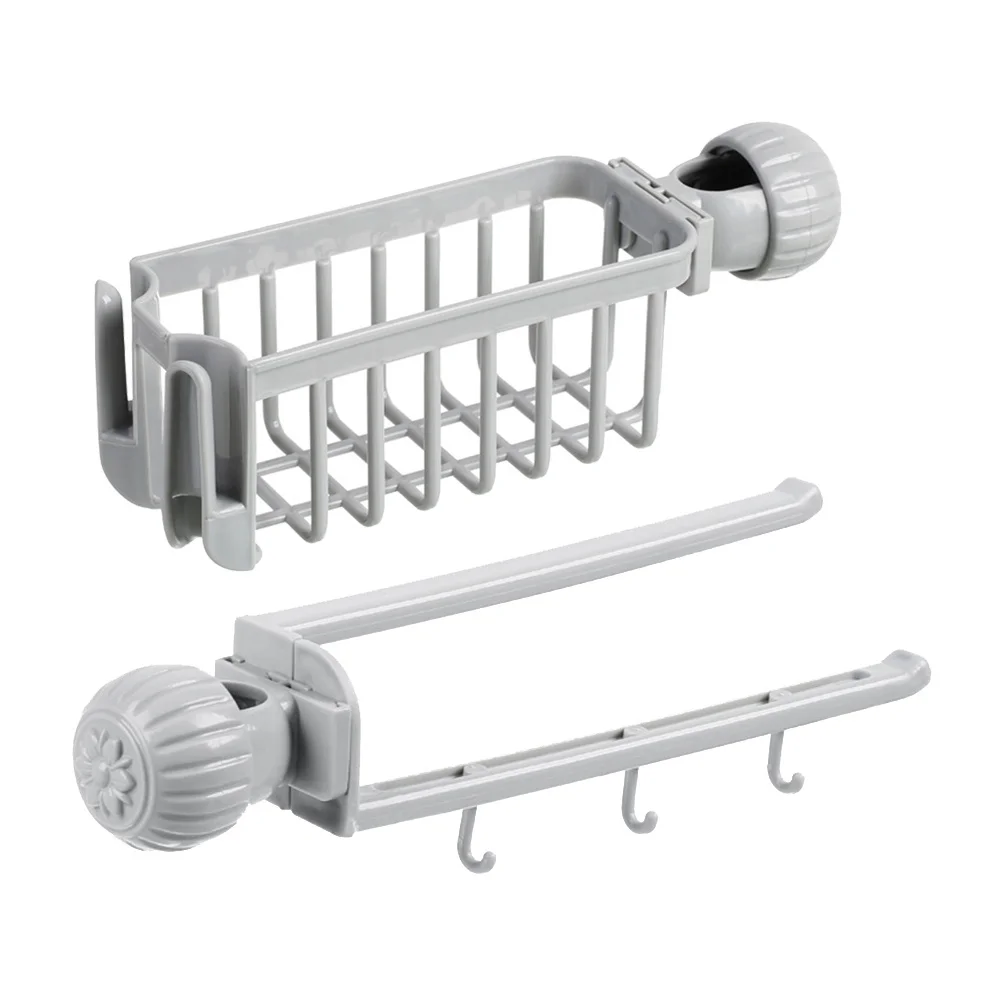 

2pcs Towel Bar Draining Rack Kitchen Sink Sponge Organizer With Hooks Faucet Mount Storage Pp Abs Clip-On No Drill Required