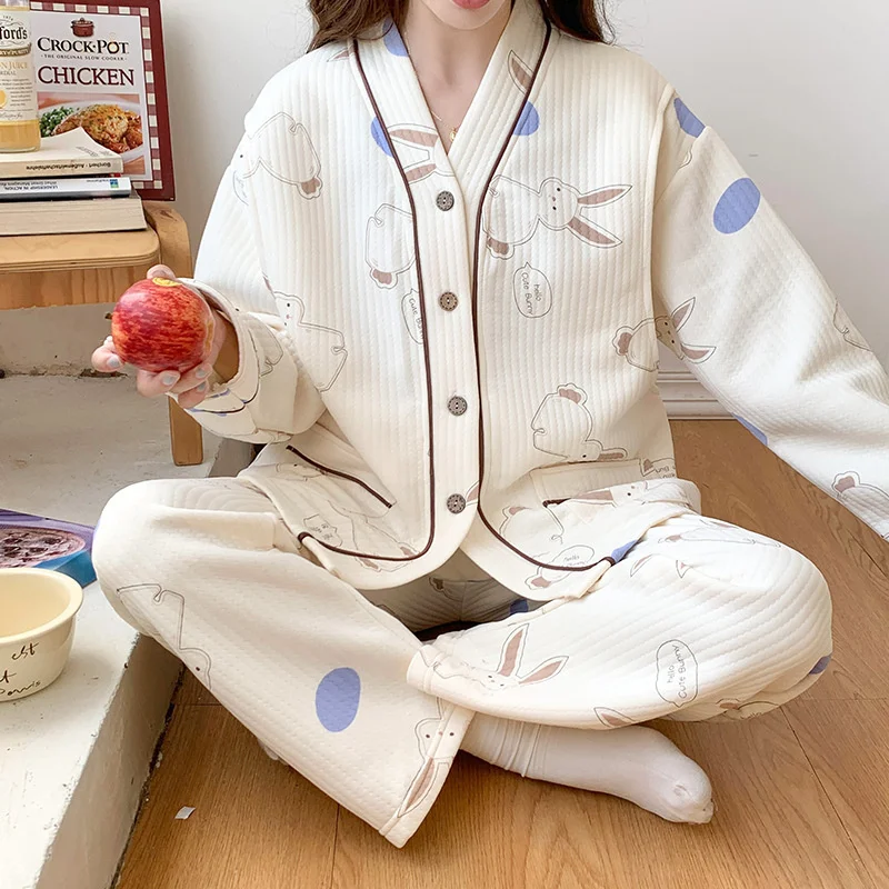 Winter Air Cotton Confinement Clothes Women Cotton Yarn Sleepwear Female 2 Piece Set Cute Cartoon Spring Home Clothes