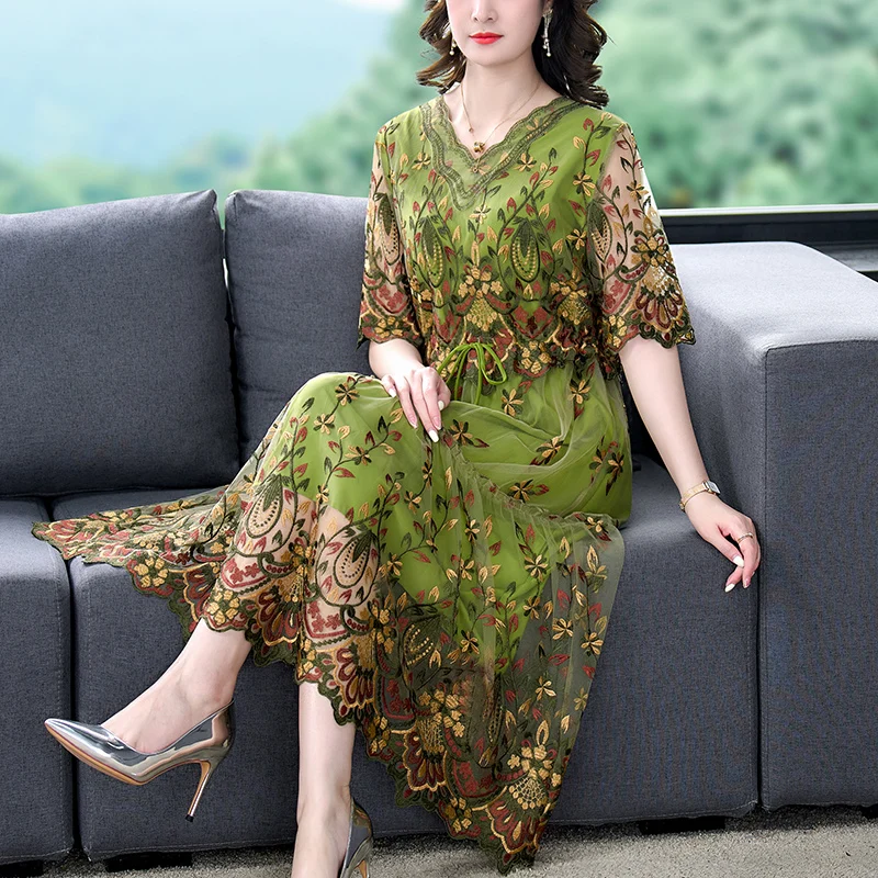 Summer Embroidery Natural Silk Mesh Floral Sexy Midi Dress 2023 Spring Korea Fashion Beach Dress Women Luxury Elegant Party Robe