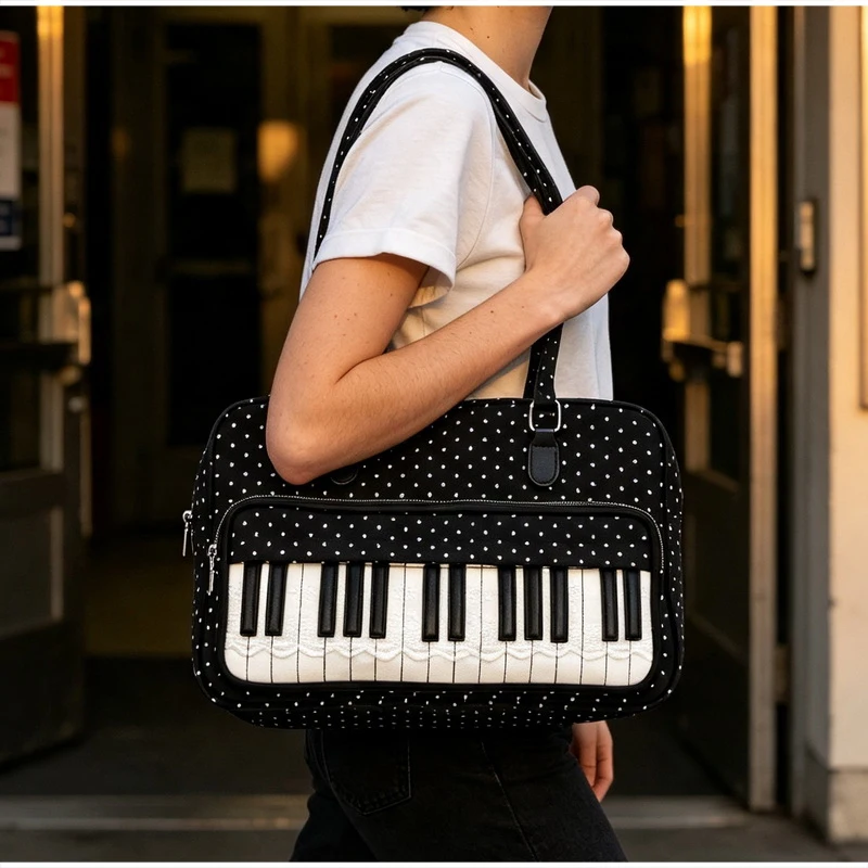  Polka Dot Piano Key Schultertasche, Damen Bowling Nylon Handtasche, Y2k Teenager Mädchen Große Kapazität Pendel- und Reisetasche, Süße Niedliche Tragetasche – Detail 7